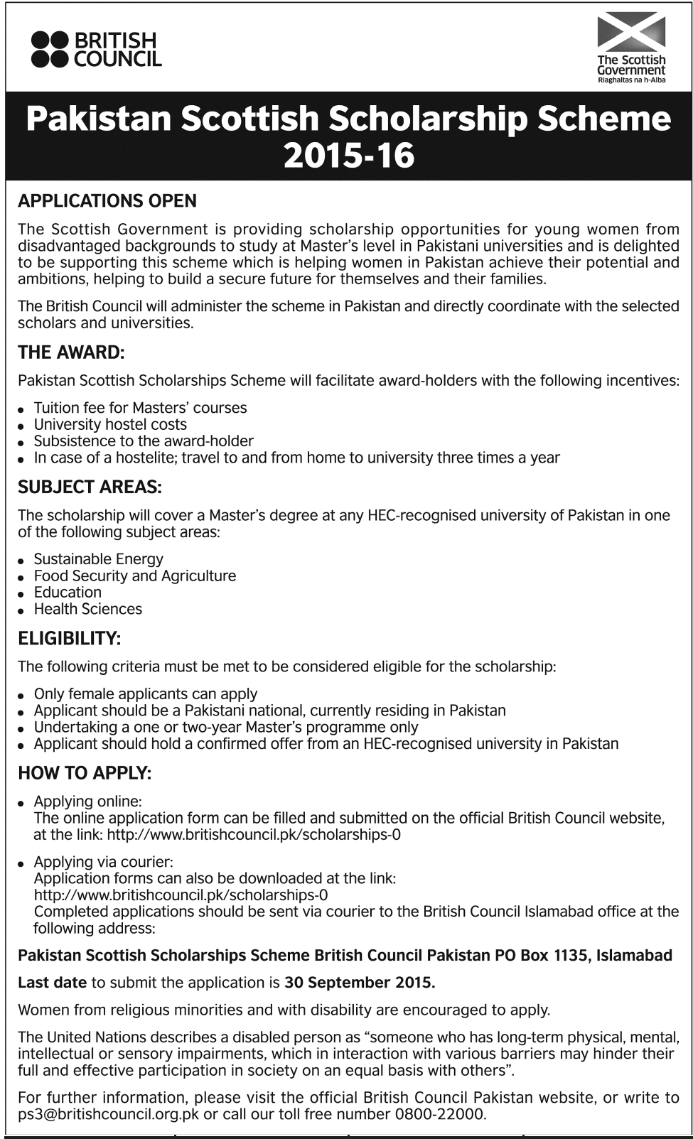 Pakistan Scottish Scholarship Scheme 2015-16