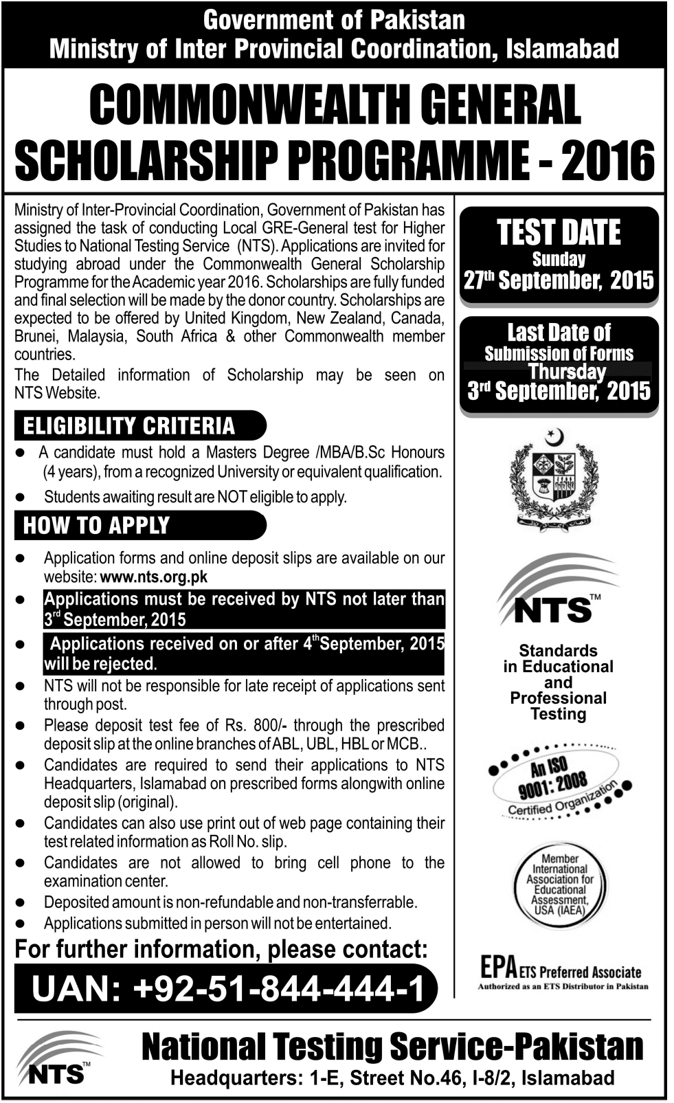 Commonwealth General Scholarship Programme 2016
