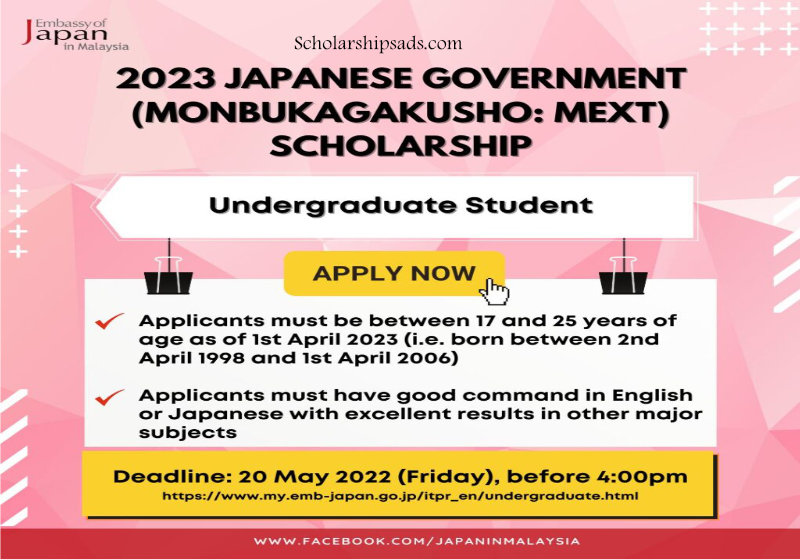  Japanese Government (Monbukagakusho: MEXT) Scholarship for Undergraduate Studies 2023